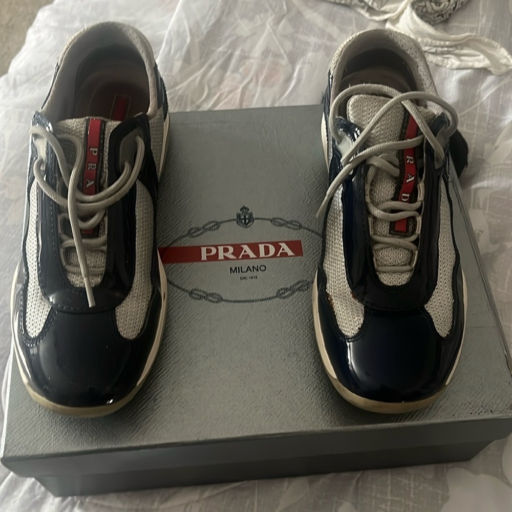 Prada Kids Navy and White Sneakers - With Dust Bag And Box